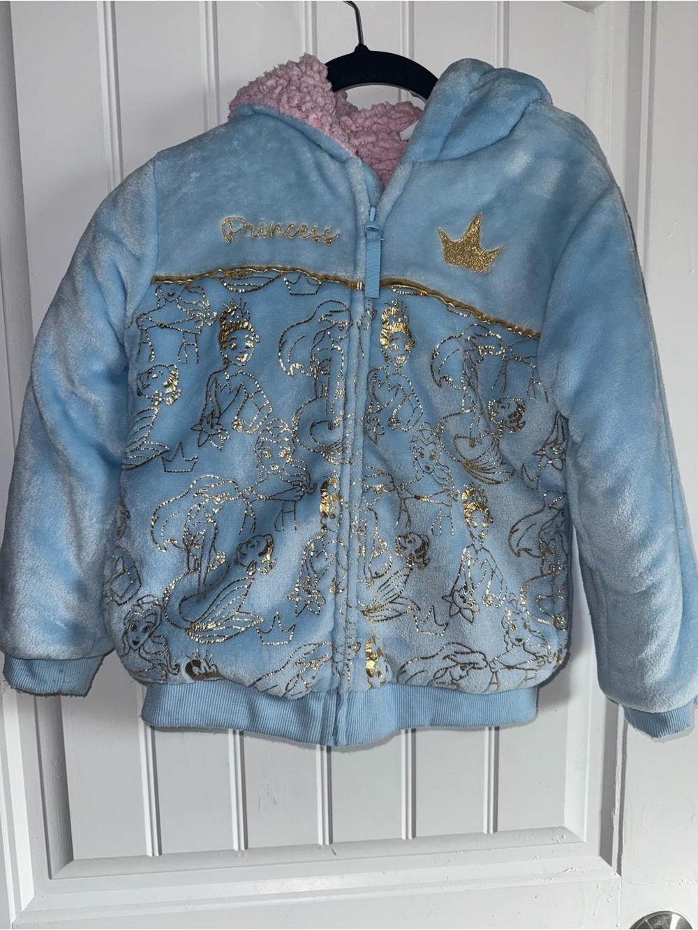 Prince Light Blue Hooded Puffer Jacket with Pink Sherpa Lining and Gold Accents
